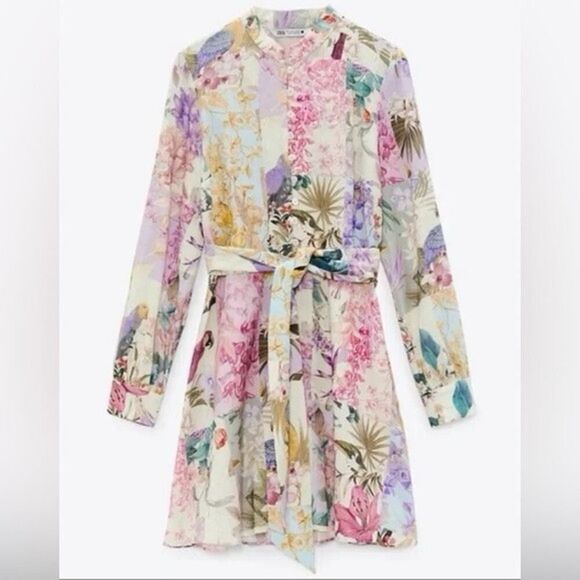ZARA Floral Patchwork Linen Blend Long Sleeve Mini Dress Small 2725/119/330 - Picture 3 of 16